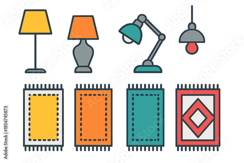 Collection of indoor lighting and carpets icons