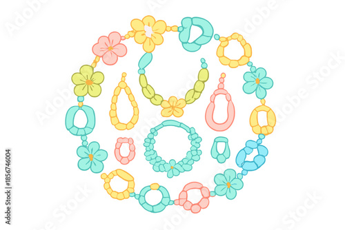 Colorful Beaded Necklaces and Bracelets Arranged in a Circle