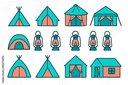 Camping Icons Collection with Tents and Lanterns