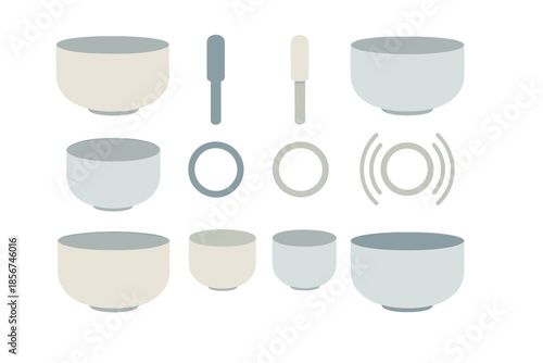 Collage of glowing singing bowls and mallets