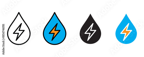 Electric water droplet icon set vector on white background. energy efficiency, renewable energy, eco friendly, sustainability symbol. vector illustration.
