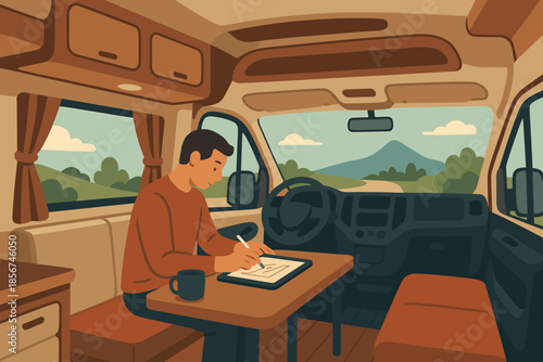 Man working on a tablet inside a camper van with a scenic view