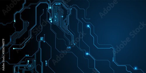 Circuit board components on a technology blue background. Horizontal web banner with empty place for text. AI chip on a futuristic chipset motherboard. Tech bg. Abstract digital vector illustration.