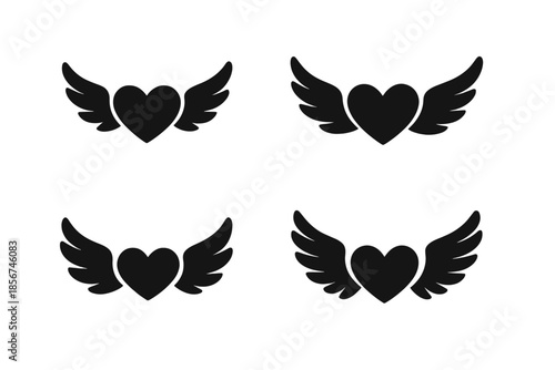 Four dark heart with wings icons on a black background
