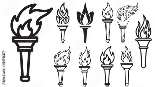 Minimalist black line art vector of a handheld torch with a burning flame, symbolic illustration representing civil rights, freedom, leadership, justice, and enlightenment concepts