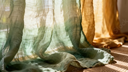 Bohemian hand-dyed sage green ombre linen texture with crinkles