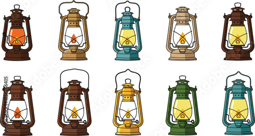 Vintage camping lantern illustration set featuring colorful kerosene lamps for outdoor adventure, travel, hiking, and retro decor themes