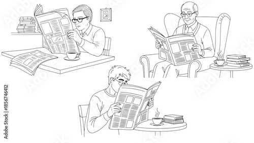 People Reading Newspapers in Cafe and Armchair for News Consumption, Editorial Reading and Morning Routine