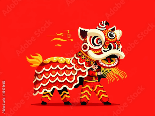 A vibrant Flat Design Ilustration Vector of a lion dance performer in traditional costume against a solid red background.