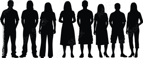 Diverse group of people silhouette, standing side by side, mixed gender, fashion styles, unity, inclusion, equality, minimal vector, black outline, isolated on white background