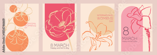 Set of  International Women’s Day greeting cards with elegant spring flowers