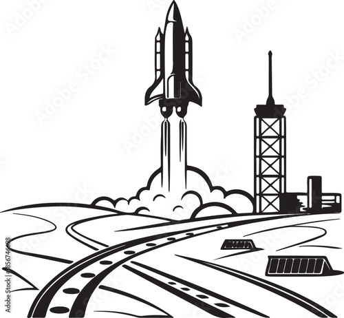 Futuristic rocket launching from moon base silhouette vector