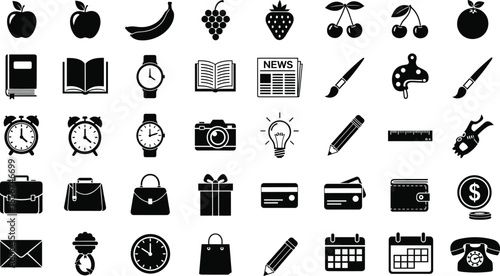 Everyday objects silhouette icon set featuring food, office supplies, time, finance, shopping, media, and lifestyle symbols