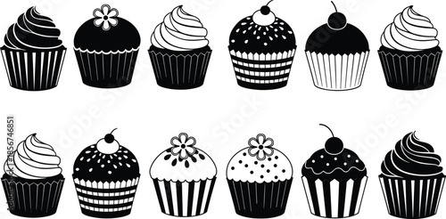 Vector Illustration Set of Black Cupcake Silhouettes, Featuring Various Muffin Styles with Frosting, Cherries, and Decorative Toppings for Bakery and Dessert Design,