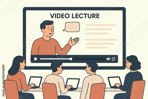Video Lecture Illustration with Teacher on Screen and Students Learning