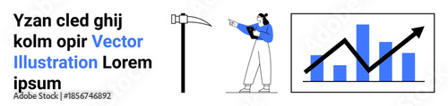 Businesswoman pointing at a growth chart, bar graph, and pickaxe. Ideal for analytics, finance, innovation, strategy, success, teamwork simple landing page