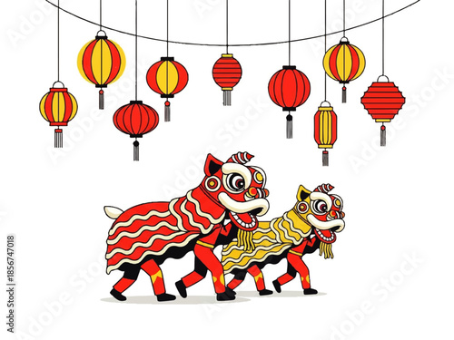 A vibrant Flat Design Ilustration Vector of two lion dance performers in red and gold costumes walking under hanging red and yellow lanterns on a white background.