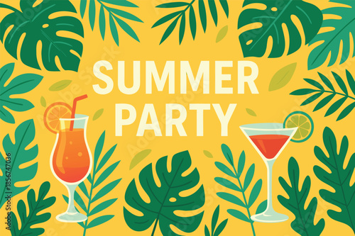 Summer Party Poster Illustration with Cocktails and Tropical Foliage