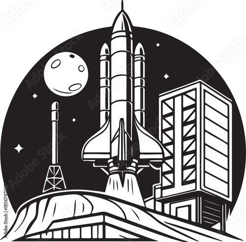 Futuristic rocket launching from moon base silhouette vector