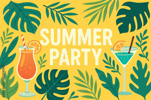 Summer Party Illustration with Tropical Leaves and Cocktails