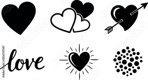Heart icons set with love symbols and arrow design vector collection for romantic themes and affection concepts