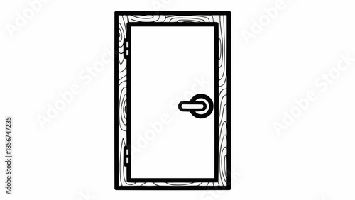 Simple Line Drawing of a Door with a Handle on a White Background
