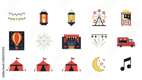 Collection of Colorful Cartoon Circus Icons.