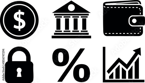 Financial icons set with dollar coin bank wallet lock percentage and growth chart vector illustration