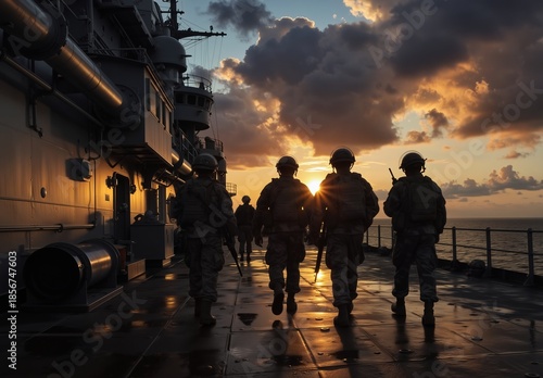 soldiers walking on naval ship deck at sunset with dramatic sky and ocean view
