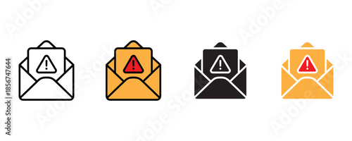 Warning email icon set vector on white background. notification, message, communication, danger symbol. vector illustration.