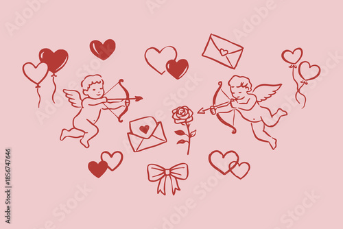 Cupid Valentine icons doodle sketch outline vector illustration