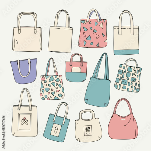 Illustrated assortment of stylish reusable tote bags, showcasing diverse designs, patterns, and plain options for eco-friendly shopping, fashion, and sustainable everyday use