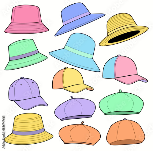 Colorful, diverse collection of fashion hats sun hats, baseball caps, berets, shown as a cheerful illustration, ideal for accessory and apparel design concepts and projects