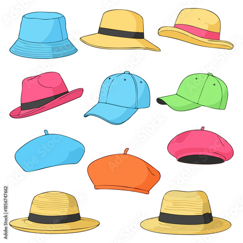 A vibrant assortment of colorful and stylish headwear illustrations, showcasing a variety of popular hat styles for fashion, leisure, and everyday use