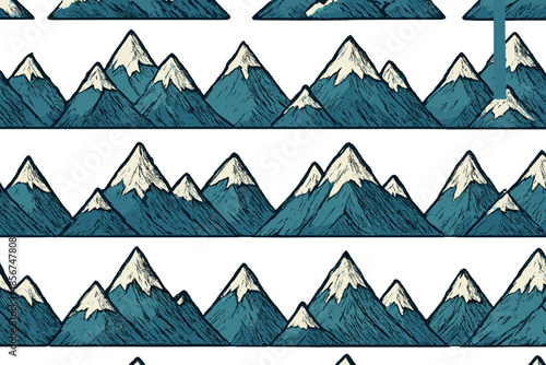 Seamless Pattern of Stylized Blue Mountains with Snow-Capped Peaks