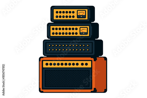 Stack of vintage audio equipment with orange accents