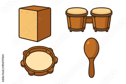 Set of cartoon musical instruments on a brown background