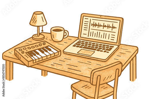 Desk with laptop, MIDI controller, and coffee