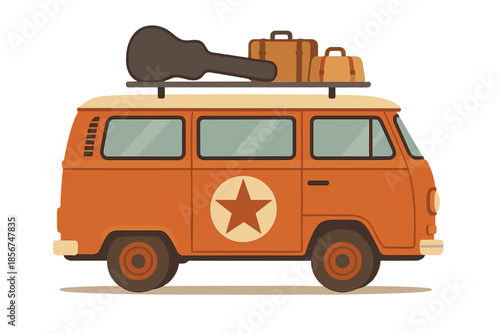Retro Van with Luggage and Guitar on Roof