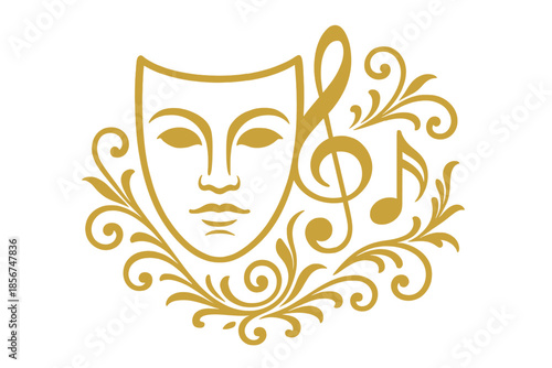 Golden mask and music notes on striped background