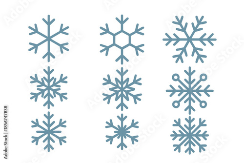 Collection of stylized snowflakes on a dark, striped background.