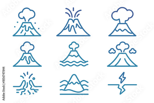 Volcano and Earthquake Icons with Glowing Blue Neon Effect