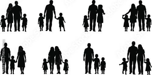 Family silhouettes vector illustration showing diverse parents and children, happy bonding moments, parenting concepts, relationship unity, lifestyle design, editable isolated black icons