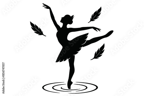 Silhouette of a ballerina dancing on water surrounded by feathers