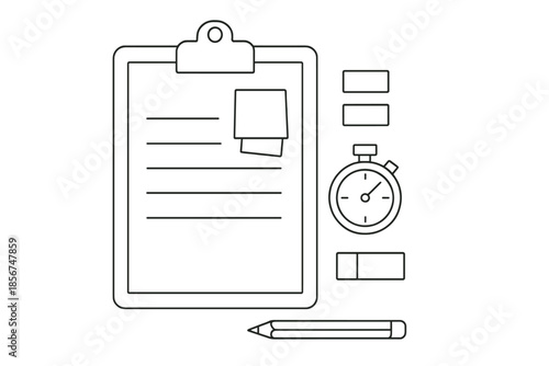 Clipboard with checklist, stopwatch, and pencil icon