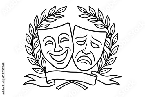 Comedy and Tragedy Theater Masks with Laurel Wreath and Banner