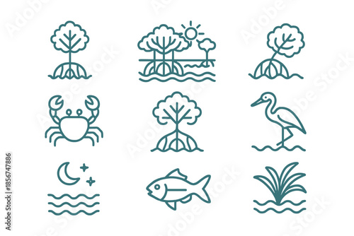 Mangrove ecosystem icons in teal neon glow