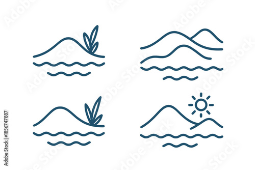 Abstract landscape icons with glowing blue lines