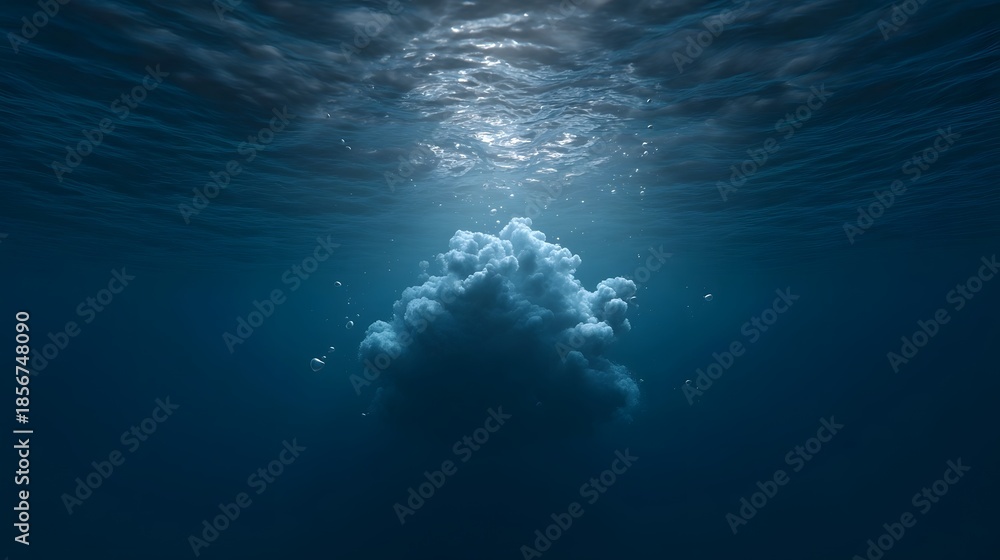 Obraz premium A surreal cloud formation floats in the deep blue ocean illuminated by ethereal sunbeams