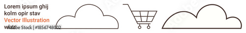 E-commerce, cloud computing, data storage, online shopping, digital marketing, technology. Minimalist cloud shapes and shopping cart in simple, clean design. E-commerce and cloud computing online